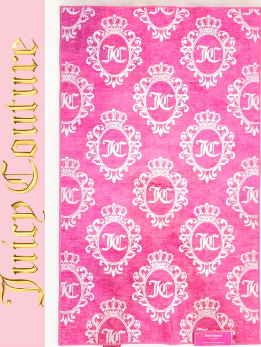 Juicy Couture Home JC Logo Crest Washable Area Rug- Pink/White